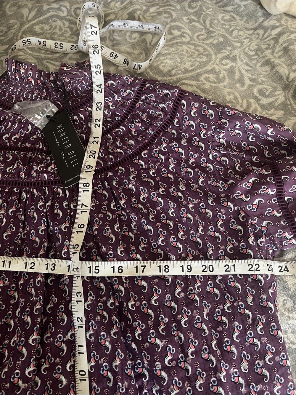 NWT Hunter Bell Veronica Top Purple Paisley Smocked High Neck Blouse Small - Picture 7 of 9